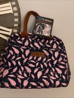 Lokass Navy lunch Bag with Pink Feather Pattern